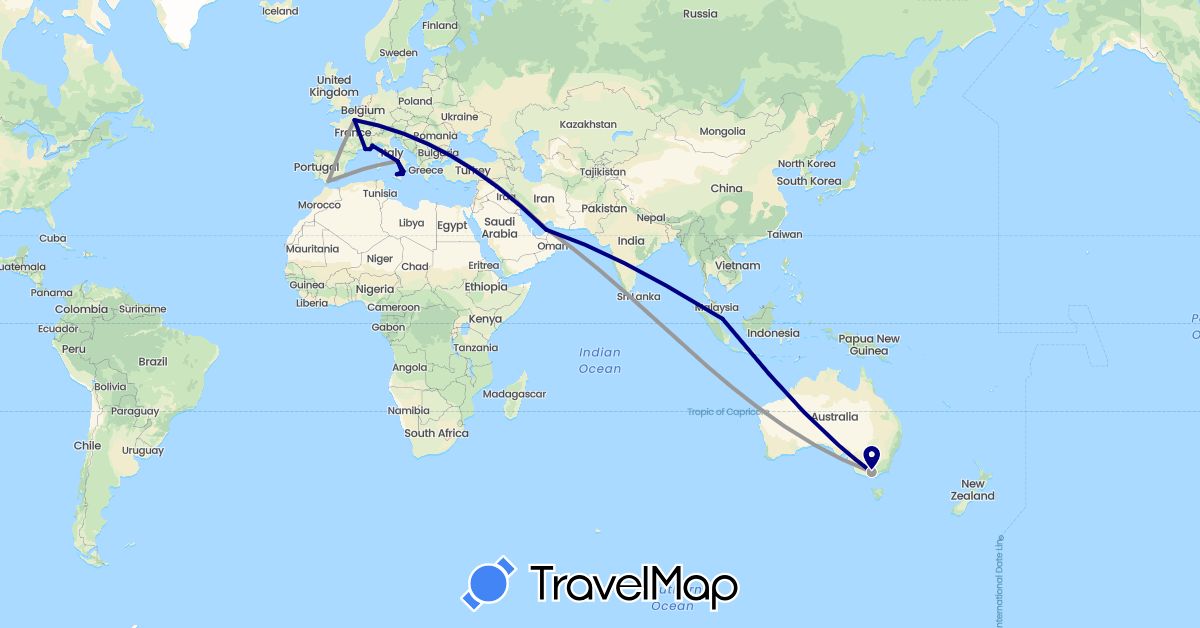 TravelMap itinerary: driving, plane in United Arab Emirates, Australia, Spain, France, Italy, Monaco, Singapore (Asia, Europe, Oceania)